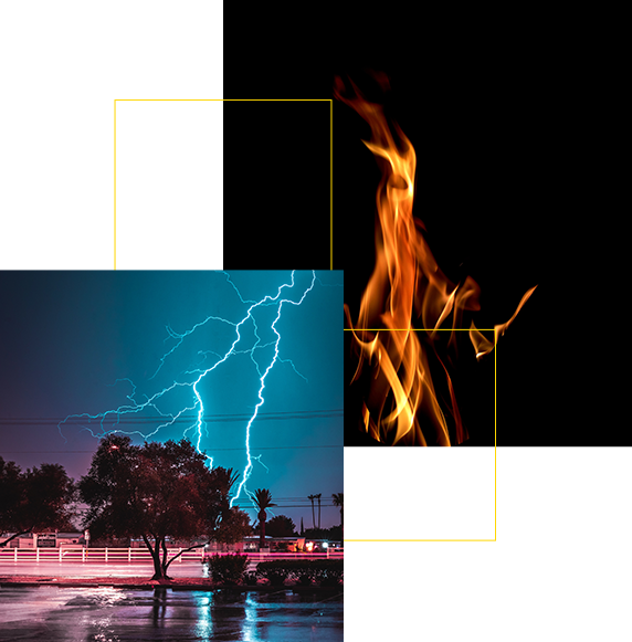 A fire and lightning are shown in the background.